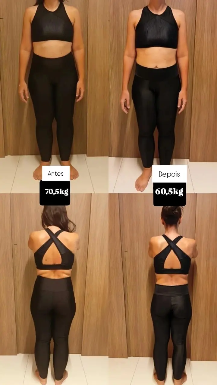 Antes e depois de paciente: de 70,5 kg para 60,5 kg, frente e costas